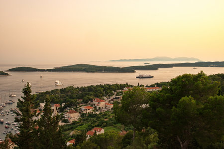 Above shot of town Hvar on Adriatic sea, Croatiaの写真素材