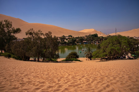 High angle view of Huacachina oasis in Peruの写真素材