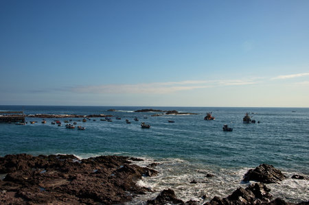 Fishing boats in Chala, Peru on Pacific Oceanの写真素材