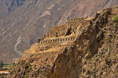 Archaeological site in Ollantaytambou on the top of the mountainの写真素材