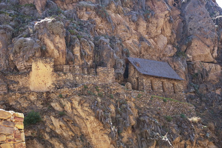 Archaeological site in Ollantaytambou carved in rockの写真素材