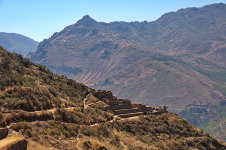 Scenic view of Sacred Valley from Pisac archaeological site, Peruの写真素材