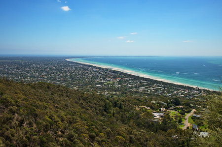 Panorama of the beach near Melbourne from the hillの写真素材