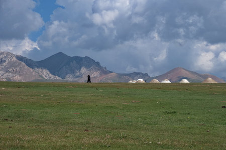 Yurt camp near Song Kul lake, Kyrgyzstanの写真素材