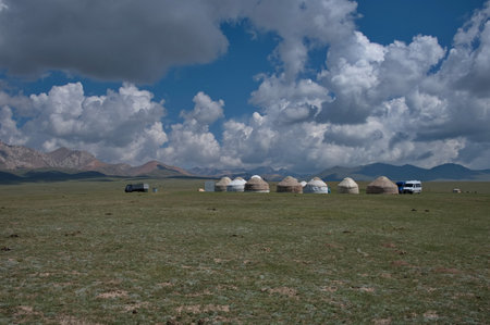 Yurt camp near Song Kul lake, Kyrgyzstanの写真素材