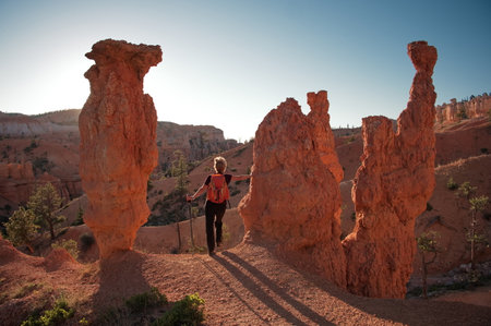 Rear view of mature woman standing in Bryce Canyon in sunriseの写真素材