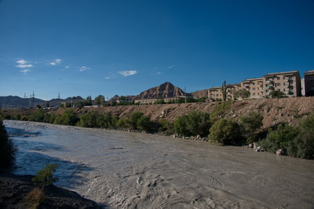 River Naryn in Naryn, Kyrgyzstanの写真素材
