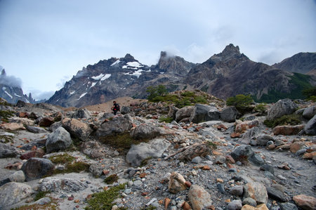 Senior woman hiking in Los Glaciares National Park in Patagoniaの写真素材