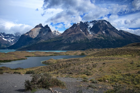 Scenic view of the mountains in Torres del Paine National Park, Patagoniaの写真素材