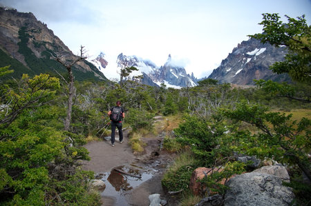 Senior woman hiking in Los Glaciares National Park in Patagoniaの写真素材