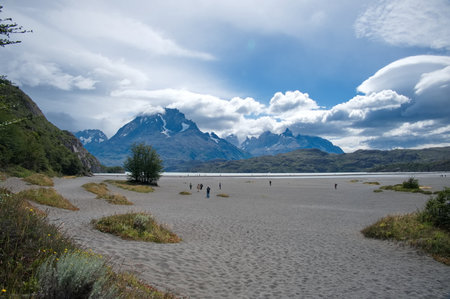 Beach in Patagonia with Paine Massif in the backgroundの写真素材