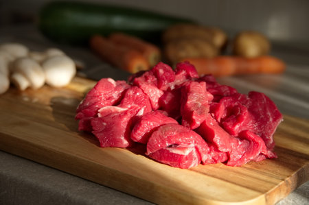 Meat and vegetables prepared for beef stewの写真素材