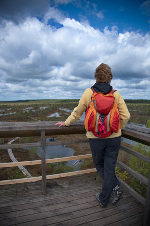 Rear view of mature woman standing by a wooden fence and looking at the swampの写真素材