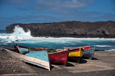 Colorful wooden boats on the Atlantic shore in Cape Verde