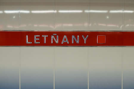 Prague, Czech Republic - April 10 2022: Name sign of Letnany Station on the terminus of Prague Metro...