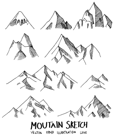 Set of Doodle Mountain Sketch line vector illustrationのイラスト素材