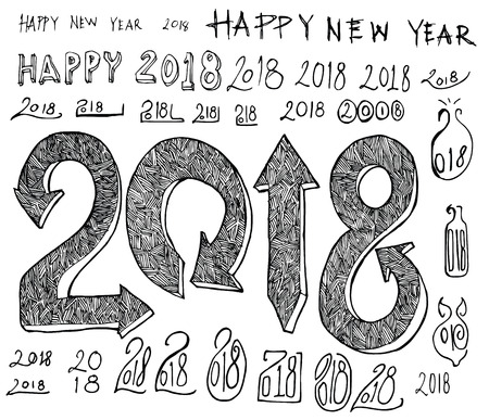 Set of 2018 number new year illustration Hand drawn doodle Sketch line vectorのイラスト素材