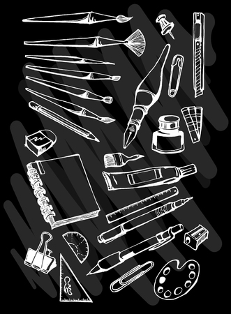 Hand drawn doodle vector Art tool set on Chalkboardのイラスト素材