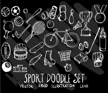 Collection of sport doodles on black background.のイラスト素材