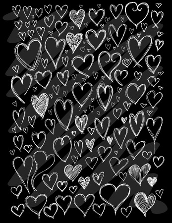 Set of vector doodle drawing Collection Heart white line on black backgroundのイラスト素材