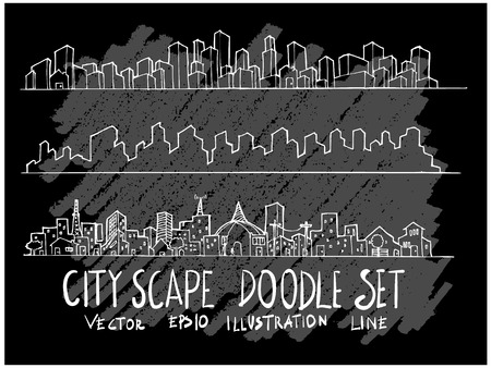 Hand drawn Sketch doodle vector line Cityscape element icon set on Chalkboardのイラスト素材