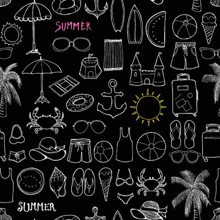 Summer doodle background seamless pattern. Drawing illustration hand drawn vector on chalkboardのイラスト素材