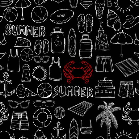 Summer doodle background seamless pattern. Drawing illustration hand drawn vector on chalkboardのイラスト素材