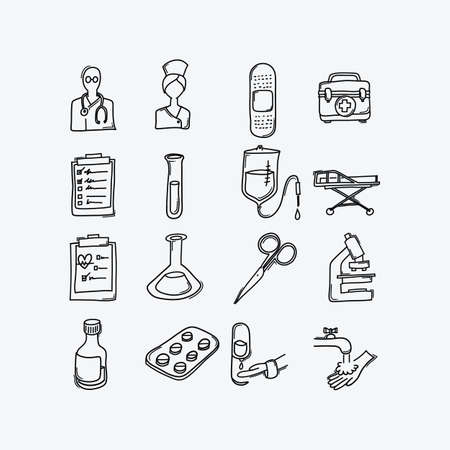 Health vector doodle icons set. Drawing sketch illustration hand drawn line.のイラスト素材