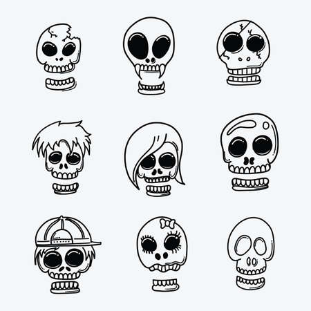 Skull vector doodle icons set. Drawing sketch illustration hand drawn line.のイラスト素材