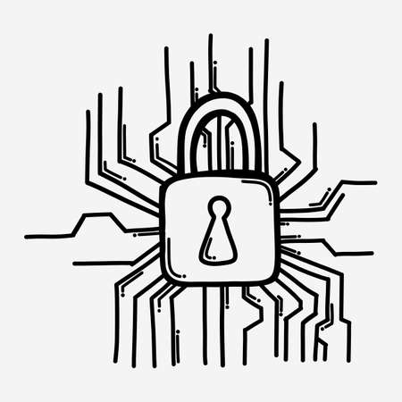 padlock circuit doodle vector icon. Drawing sketch illustration hand drawn line.のイラスト素材