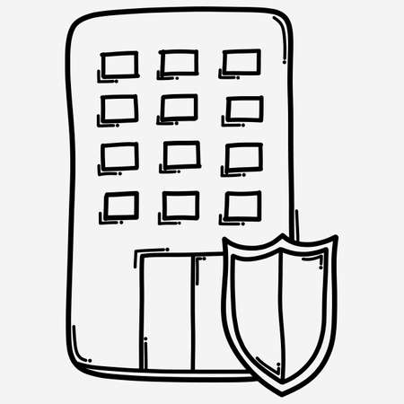 Building with shield doodle vector icon. Drawing sketch illustration hand drawn line.のイラスト素材