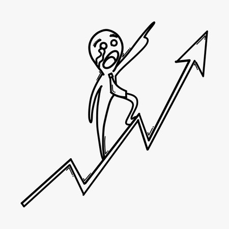 Businessman on arrow increase crying. Doodle vector icon. Drawing sketch illustration hand drawn cartoon line.のイラスト素材