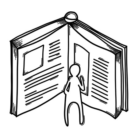 Small person reading a big book. Doodle vector icon. Drawing sketch illustration hand drawn cartoon line.のイラスト素材