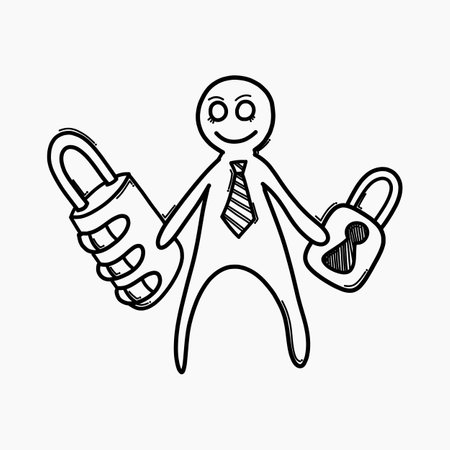 Businessman holding padlocks. Doodle vector icon. Drawing sketch illustration hand drawn cartoon line.のイラスト素材