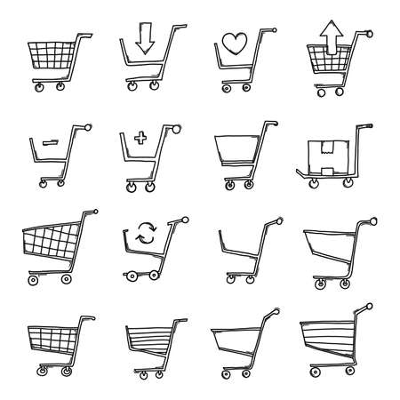 Shopping cart Doodle vector icon set. Drawing sketch illustration hand drawn line.のイラスト素材