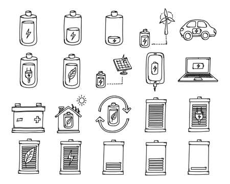 Battery Doodle vector icon set. Drawing sketch illustration hand drawn line.のイラスト素材