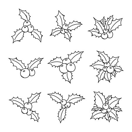 Holly berry Doodle vector icon set. Drawing sketch illustration hand drawn line.のイラスト素材