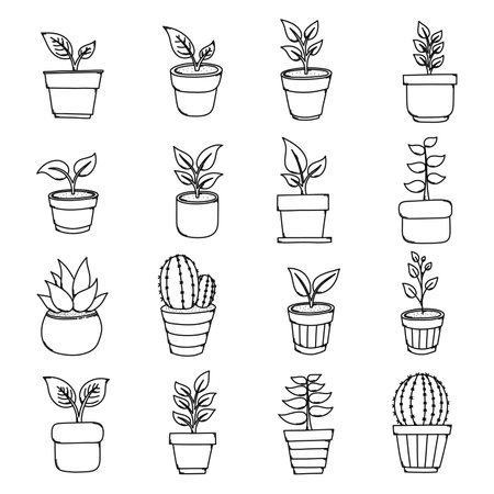 Potted Plant Doodle vector icon set. Drawing sketch illustration hand drawn line.のイラスト素材