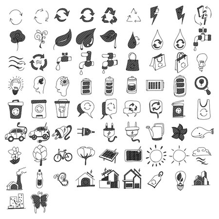Ecology Related Doodle vector icon set. Drawing sketch illustration hand drawn line.のイラスト素材