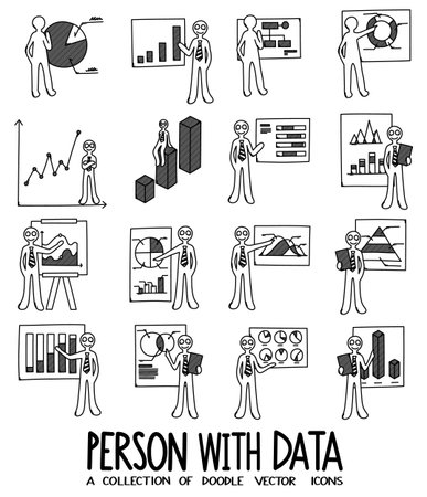 Person With Data Doodle vector icon set. Drawing sketch illustration hand drawn line.のイラスト素材