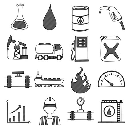 Oil And Gas Related Doodle vector icon set. Drawing sketch illustration hand drawn line.のイラスト素材