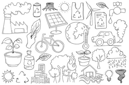 Climate change Related Doodle vector set. Drawing sketch illustration hand drawn line.のイラスト素材