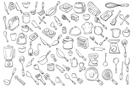Kitchen Related Doodle vector set. Drawing sketch illustration hand drawn line.のイラスト素材