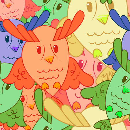 Cute funny seamless pattern with cartoon owls. Pattern can be used for surface textures, wallpaper, pattern fills, web page background.のイラスト素材
