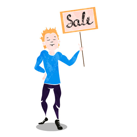 boy show the blank billboard with sale. Vector illustrationのイラスト素材
