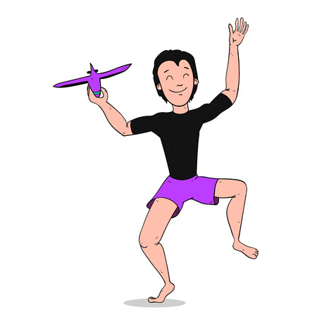 Boy Playing With Toy Aircraft or Plane, colorizedのイラスト素材