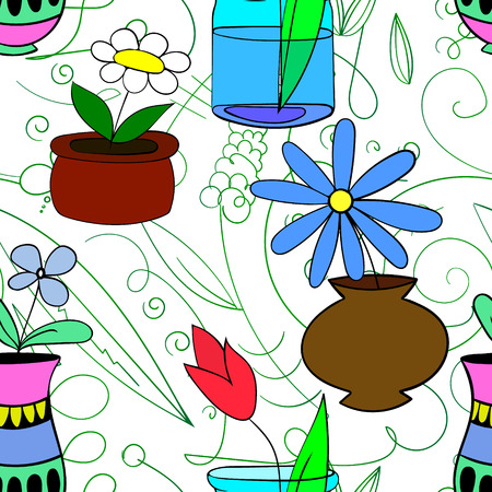 Pot plants seamless pattern vector illustration 4 flowers in pots colorized on a white background, hand-drawn design elements.のイラスト素材