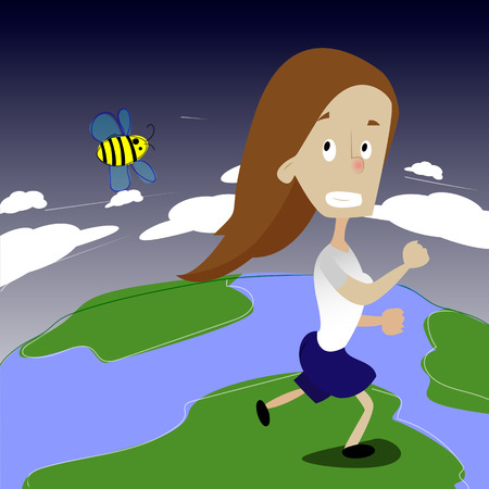 Cute girl running away from bee. Girl run on the Earthのイラスト素材