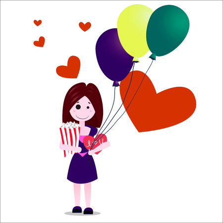 Flat design vector illustration of happy girl or young woman in violet dress onwhite background with heartscard and baloons. Happy valentine s day card. Valentine s idea conceptのイラスト素材
