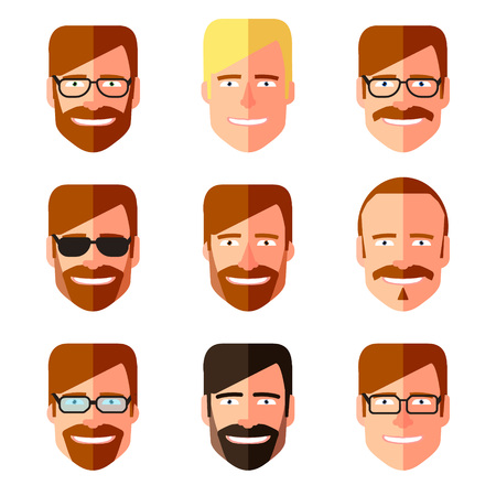 Set of men s faces with different haircuts, mustaches, beards and glasses. Flat design. Silhouettes, emblems, icons, labels isolated on white background. Vector EPS10.のイラスト素材
